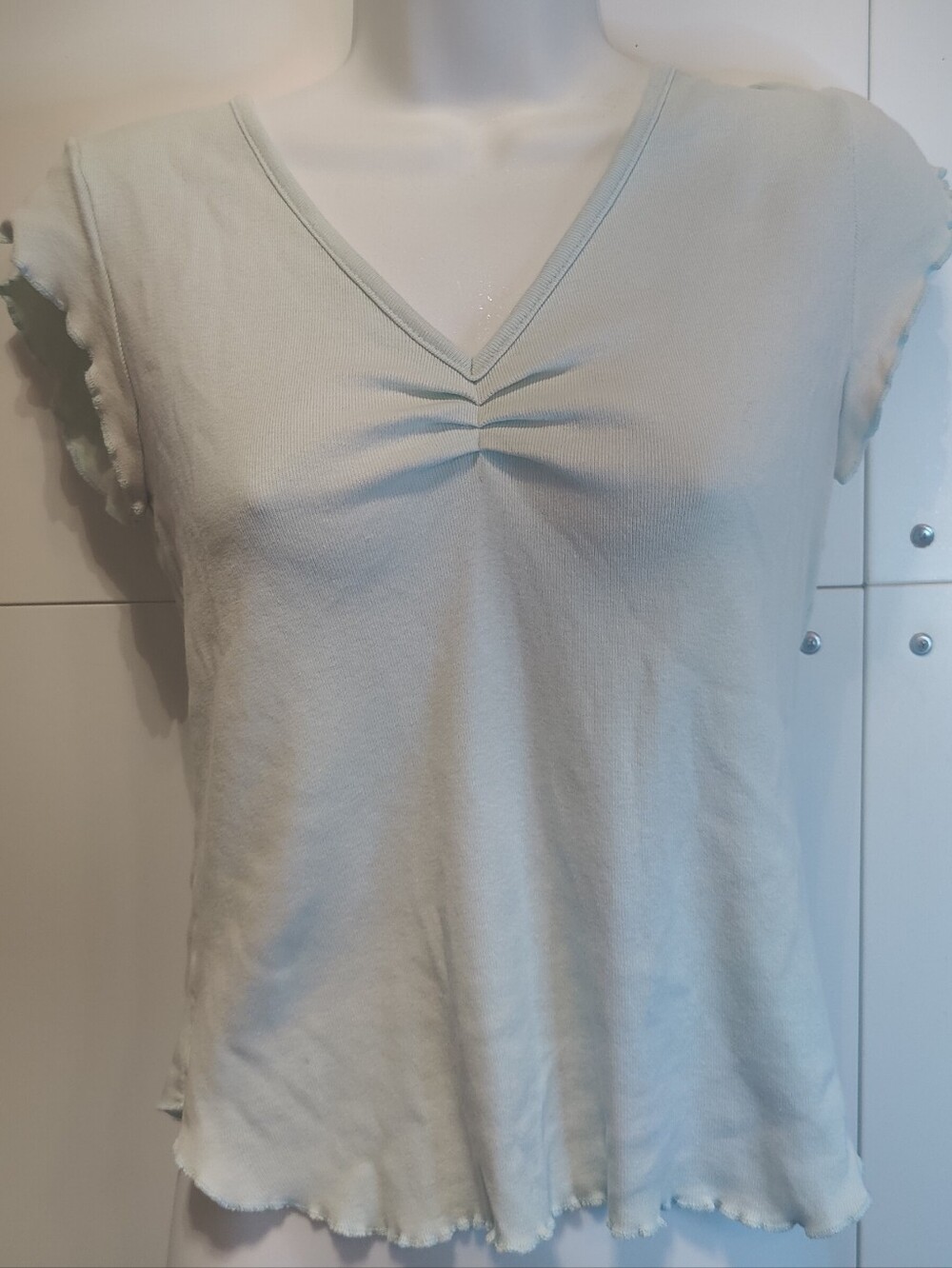 Y2K Rue21 Pale Blue Ruched V Neck Lettuce Edge Baby Tee Top M